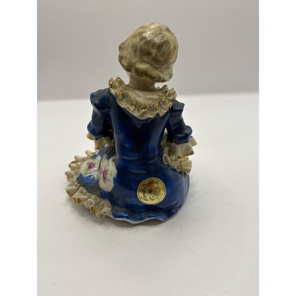 Vintage Wales Chinaware Girl In A Blue Dress Reading Made in Japan Gold Gilt - Picture 3 of 6
